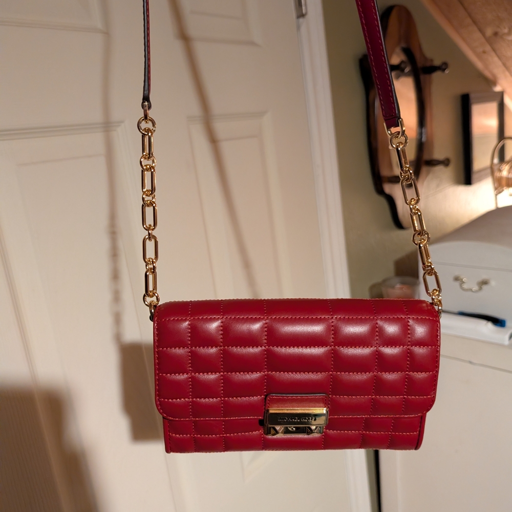 Michael Kors Quilted Red Leather Crossbody Shoulder Bag with Gold Chain